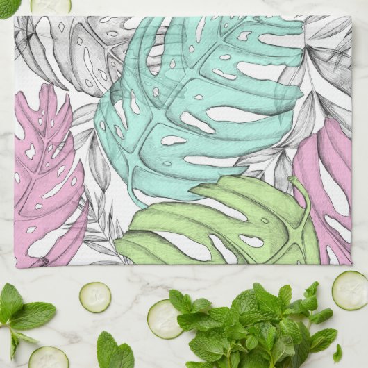 Tropisches Pastellmonstera-Blatt Wasserfarbmuster Geschirrtuch (Gefaltet)