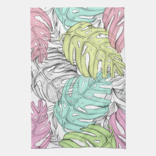 Tropisches Pastellmonstera-Blatt Wasserfarbmuster Geschirrtuch (Vertikal)