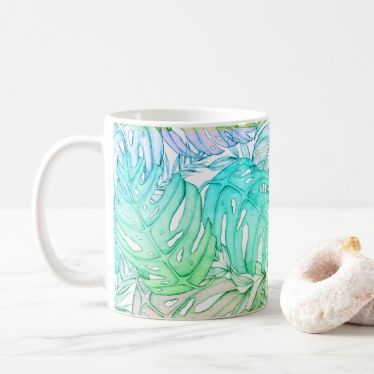 Tropisches Pastellmonstera-Blatt Wasserfarbmuster Kaffeetasse (Mit Donut)