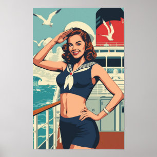 Tropisches Pin-Up-Mädchen im Matrosenlook – Retro- Poster