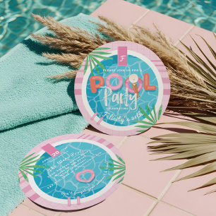 Tropisches Pink & Blue Summer Birthday Pool Party Einladung