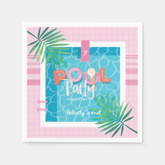 Tropisches Pink & Blue Tropical Birthday Pool Part Serviette (Vorderseite)