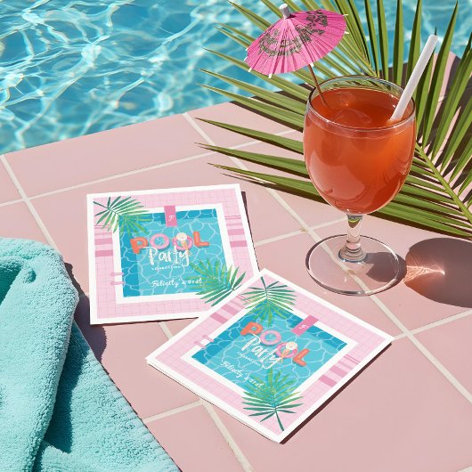 Tropisches Pink & Blue Tropical Birthday Pool Part Serviette