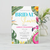 Tropisches Pink Flamingo Floral Beach Brautparty Einladung (Stehend Vorderseite)