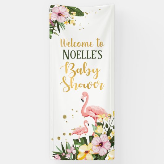 Tropisches Pink Flamingo Floral Gold Baby Dusche Banner (Vertikal)