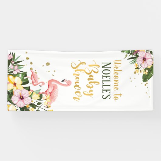 Tropisches Pink Flamingo Floral Gold Baby Dusche Banner (Horizontal)