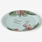 Tropisches Pink Flamingo Hibiskus Brautparty Pappteller (Schrägansicht)