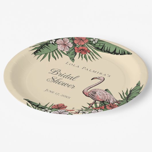 Tropisches Pink Flamingo Hibiskus Brautparty Pappteller (Schrägansicht)