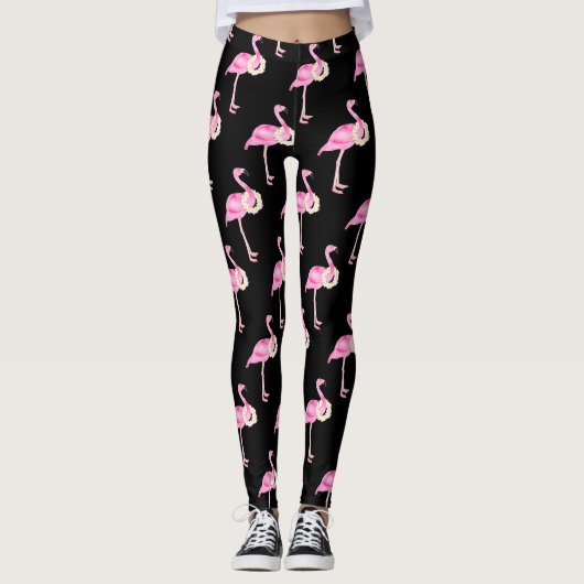 Tropisches Pink Flamingo Muster Weiße Blumenreste Leggings (Vorderseite)