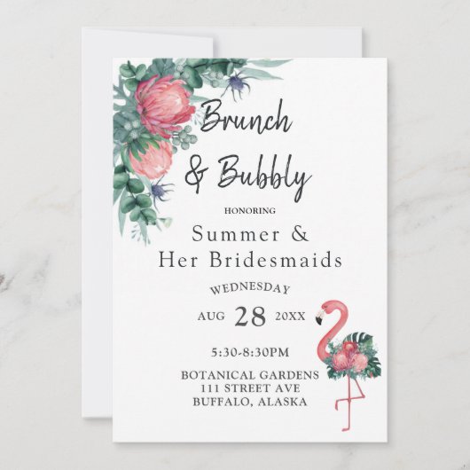 Tropisches Pink Flamingo Peony Brunch und Bubbly Einladung (Vorderseite)