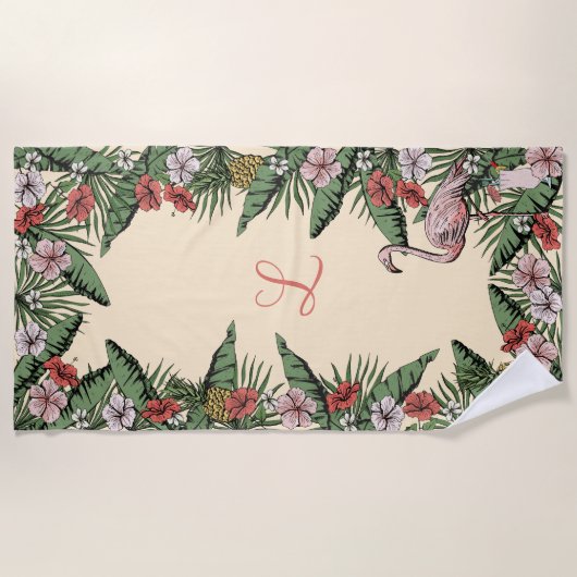 Tropisches Pink Flamingo und Hibiskus Mit Monogram Strandtuch (Vorderseite)