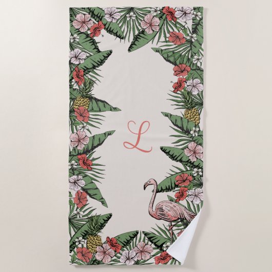 Tropisches Pink Flamingo und Hibiskus Mit Monogram Strandtuch (Vorderseite)