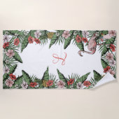 Tropisches Pink Flamingo und Hibiskus Mit Monogram Strandtuch (Vorderseite)