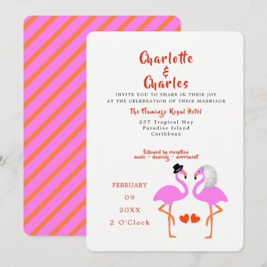 Tropisches Pink Flamingos Fun Moderne Hochzeit ein Einladung (Vorne/Hinten)