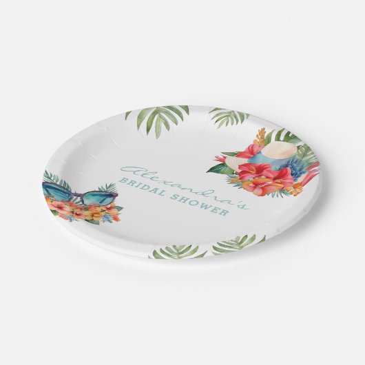 Tropisches Pink Floral Beach Brautparty Pappteller (Schrägansicht)