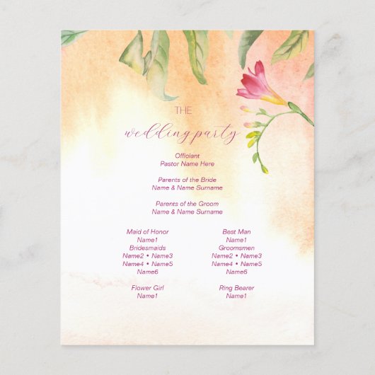 Tropisches Pink Freesia Watercolor Hochzeitsbudget (Rückseite)