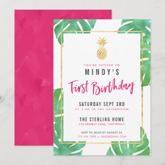 Tropisches Pink & Gold 1. Geburtstag Party Einladu Einladung