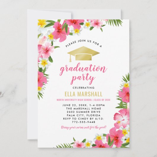 Tropisches Pink Gold Hibiskus Blume Abschluss Einladung (Vorderseite)