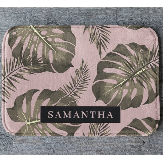 Tropisches Pink & Gold Palm Blätter Muster & Name Badematte