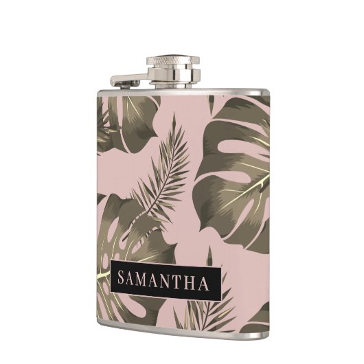 Tropisches Pink & Gold Palm Blätter Muster & Name Flachmann (Links)