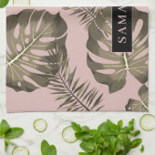 Tropisches Pink & Gold Palm Blätter Muster & Name Geschirrtuch (Gefaltet)