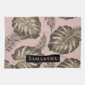 Tropisches Pink & Gold Palm Blätter Muster & Name Geschirrtuch (Horizontal)