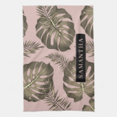Tropisches Pink & Gold Palm Blätter Muster & Name Geschirrtuch (Vertikal)