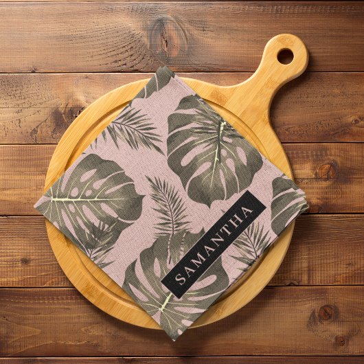 Tropisches Pink & Gold Palm Blätter Muster & Name Geschirrtuch