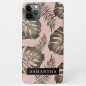 Tropisches Pink & Gold Palm Blätter Muster & Name iPhone Hülle (Rückseite)