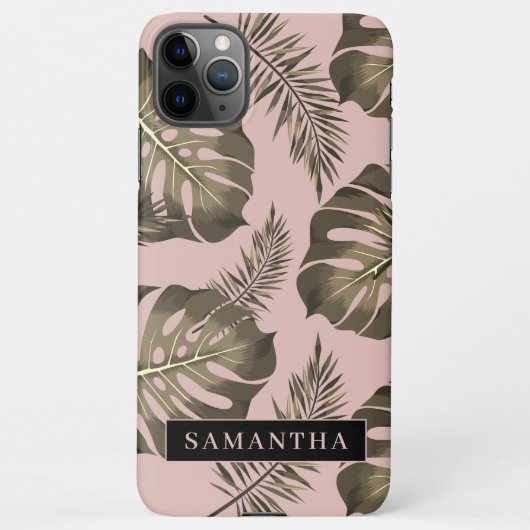 Tropisches Pink & Gold Palm Blätter Muster & Name iPhone Hülle (Rückseite)