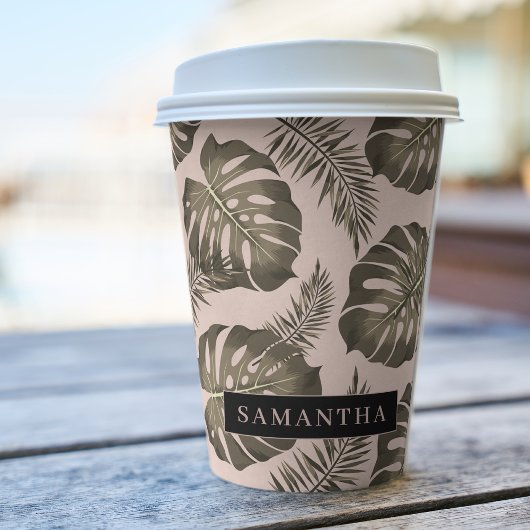 Tropisches Pink & Gold Palm Blätter Muster & Name Pappbecher