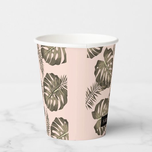 Tropisches Pink & Gold Palm Blätter Muster & Name Pappbecher (Rechts)