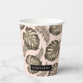 Tropisches Pink & Gold Palm Blätter Muster & Name Pappbecher (Vorderseite)