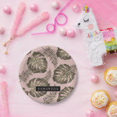 Tropisches Pink & Gold Palm Blätter Muster & Name Pappteller (Party)