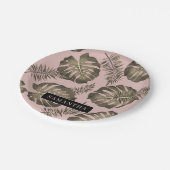 Tropisches Pink & Gold Palm Blätter Muster & Name Pappteller (Schrägansicht)