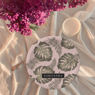 Tropisches Pink & Gold Palm Blätter Muster & Name Pappteller