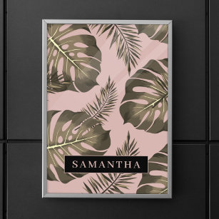 Tropisches Pink & Gold Palm Blätter Muster & Name Poster