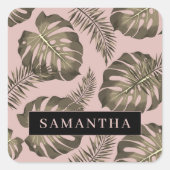 Tropisches Pink & Gold Palm Blätter Muster & Name Quadratischer Aufkleber (Vorderseite)