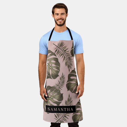 Tropisches Pink & Gold Palm Blätter Muster & Name Schürze (Getragen)