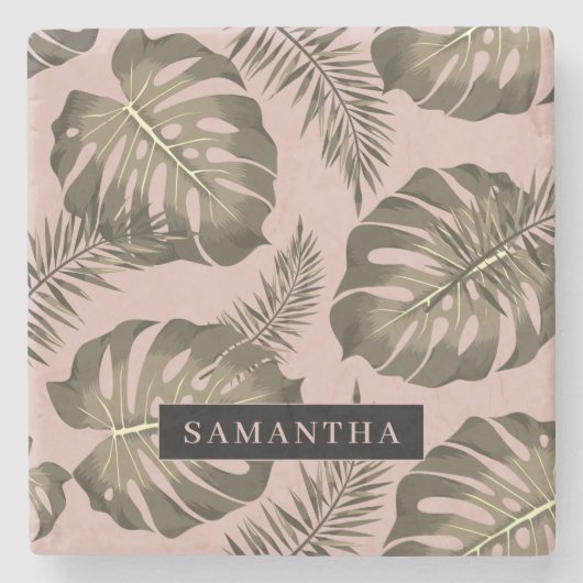 Tropisches Pink & Gold Palm Blätter Muster & Name Steinuntersetzer (Vorderseite)