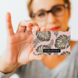 Tropisches Pink & Gold Palm Blätter Muster & Name Visitenkarte