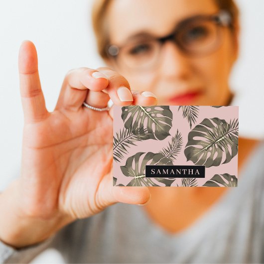 Tropisches Pink & Gold Palm Blätter Muster & Name Visitenkarte