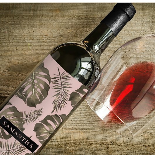 Tropisches Pink & Gold Palm Blätter Muster & Name Weinetikett