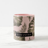 Tropisches Pink & Gold Palm Blätter Muster & Name Zweifarbige Tasse (Mittel)