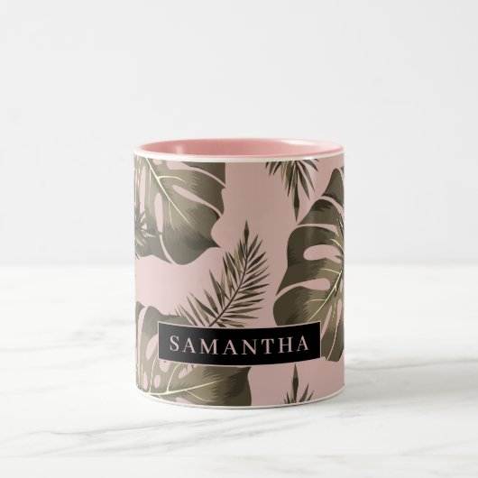 Tropisches Pink & Gold Palm Blätter Muster & Name Zweifarbige Tasse (Mittel)