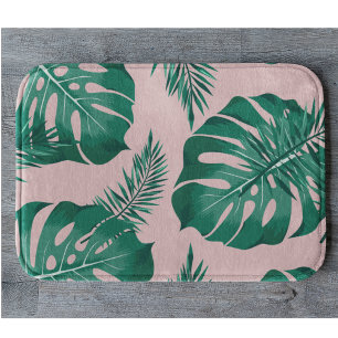 Tropisches Pink & Green Palm Blätter Nahtloses Mus Badematte