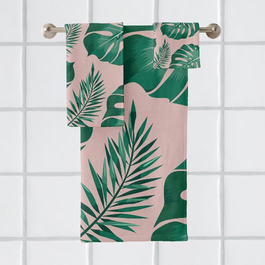 Tropisches Pink & Green Palm Blätter Nahtloses Mus Badhandtuch Set