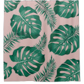Tropisches Pink & Green Palm Blätter Nahtloses Mus Duschvorhang (Vorderseite)