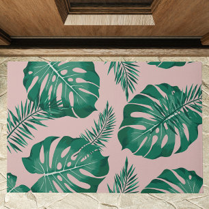 Tropisches Pink & Green Palm Blätter Nahtloses Mus Fußmatte