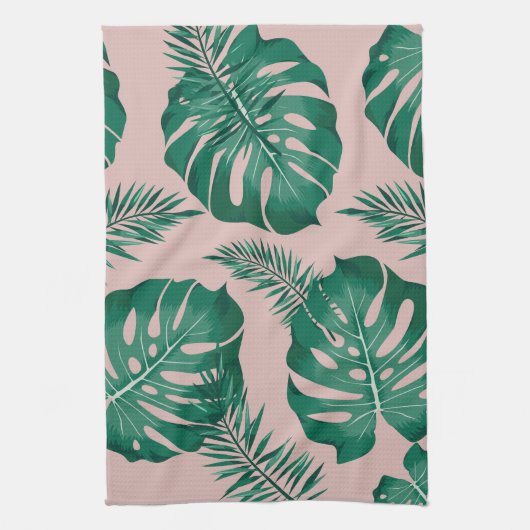 Tropisches Pink & Green Palm Blätter Nahtloses Mus Geschirrtuch (Vertikal)